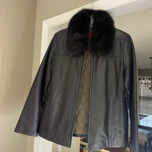 Brown leather jacket with fox fur collar
